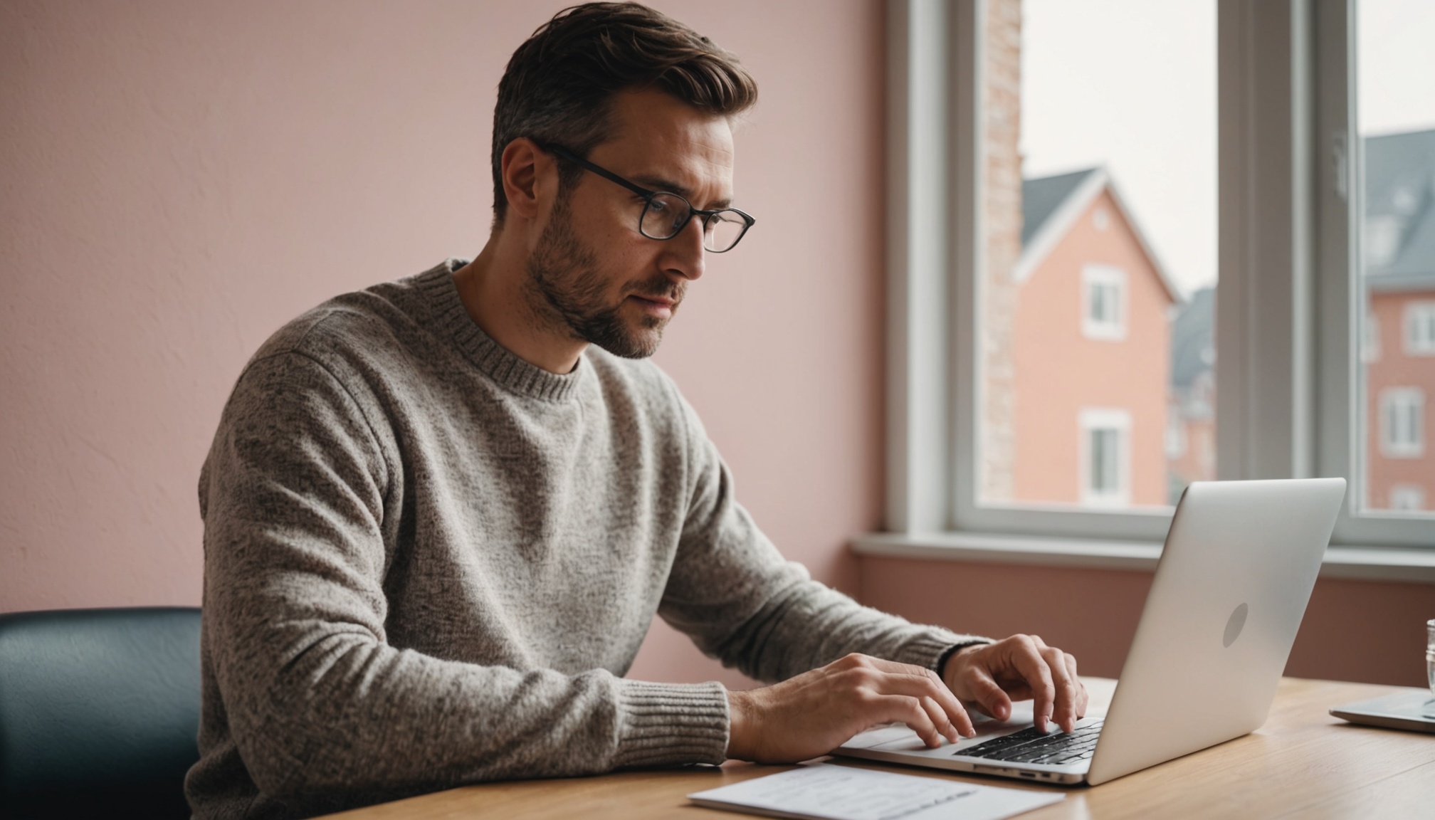 A consultant at a laptop studying an analytics chart beside a bright window