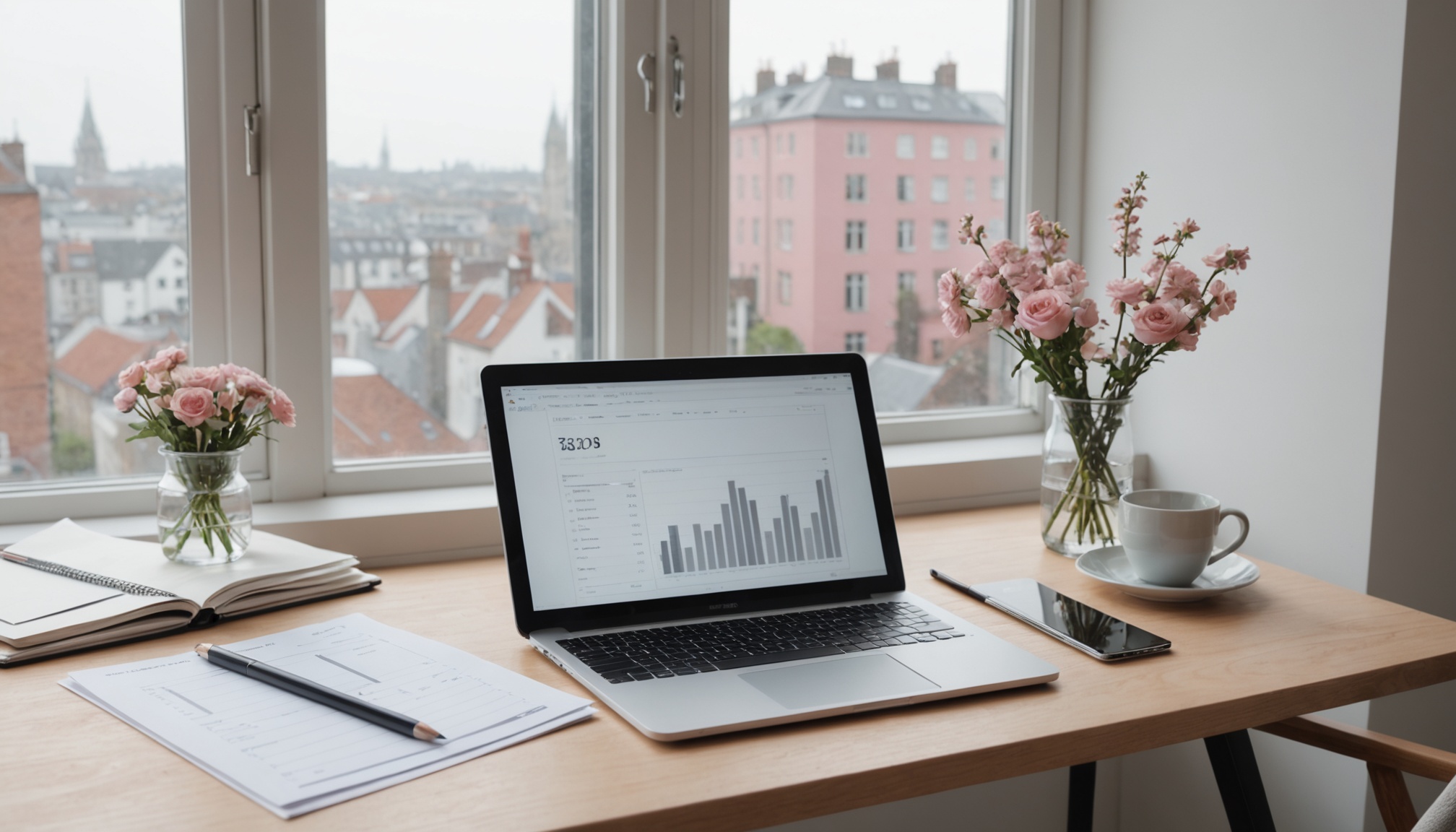A desk by a window with a tablet showing a bar-chart dashboard and a stack of printed reports